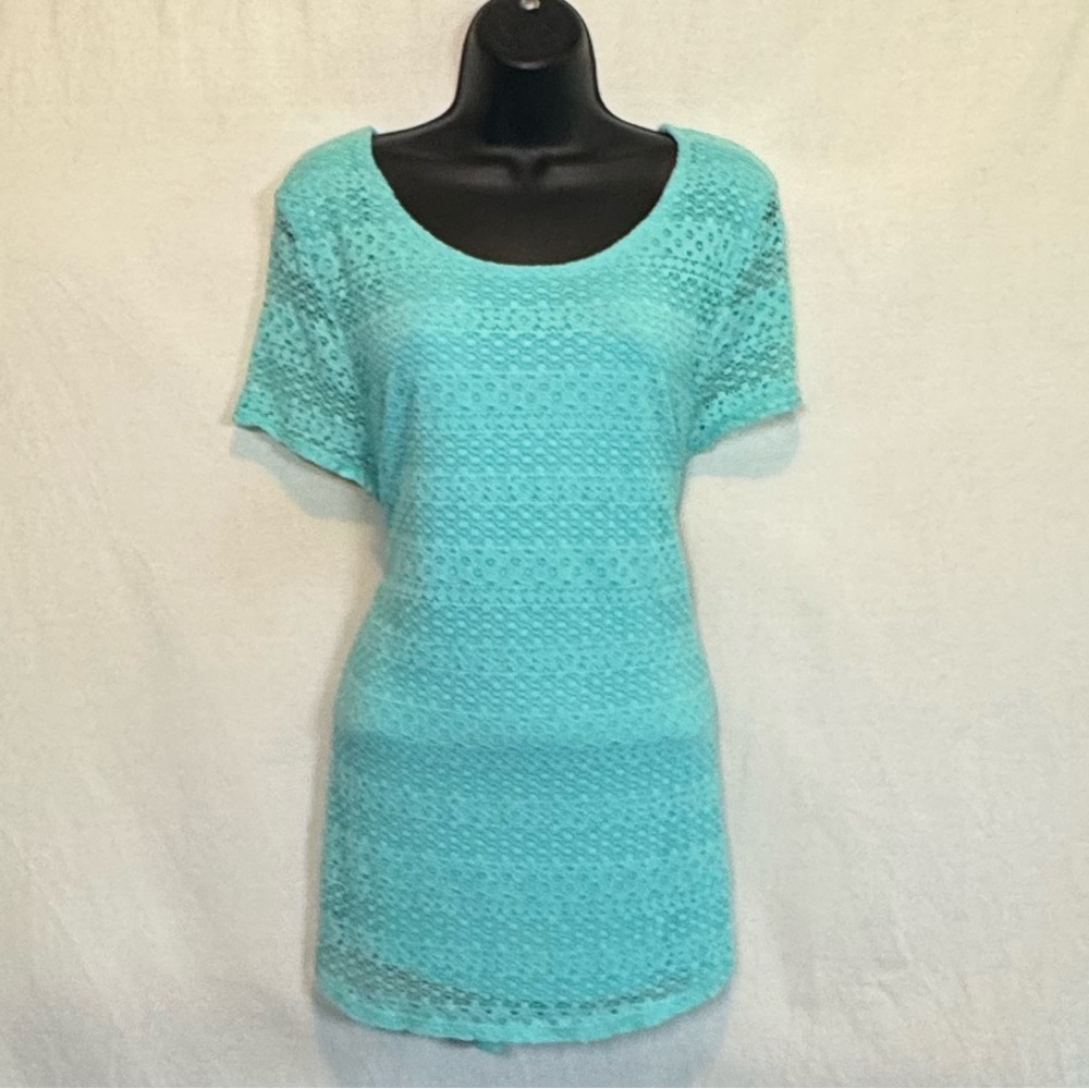 G-70 Leo & Nicole Teal Green Lace Lined Short Sleeve Pullover Blouse Size XL‎